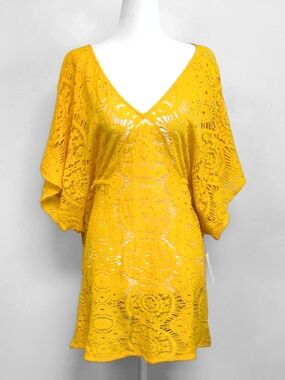 NWT Sunshine 79 Yellow Drapey Crochet Summer Cover-Up Caftan | Size S/M